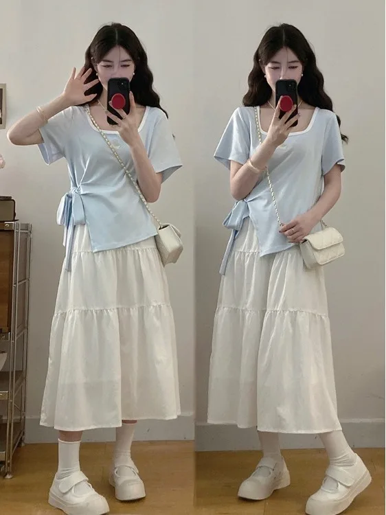 

Summer Sweet Side Tie Large Size Square Collar Slimming Meat Covering Short Sleeve T-Shirt Half Skirt Set Women's Fashion