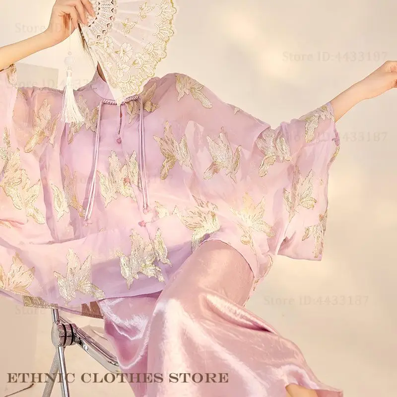 

New Chinese Style Silk Kimono Cardigan Elegant Vintage Women Coat Tops Spring Summer Thin Tang Clothes Hanfu Shirt Looswe Yukata