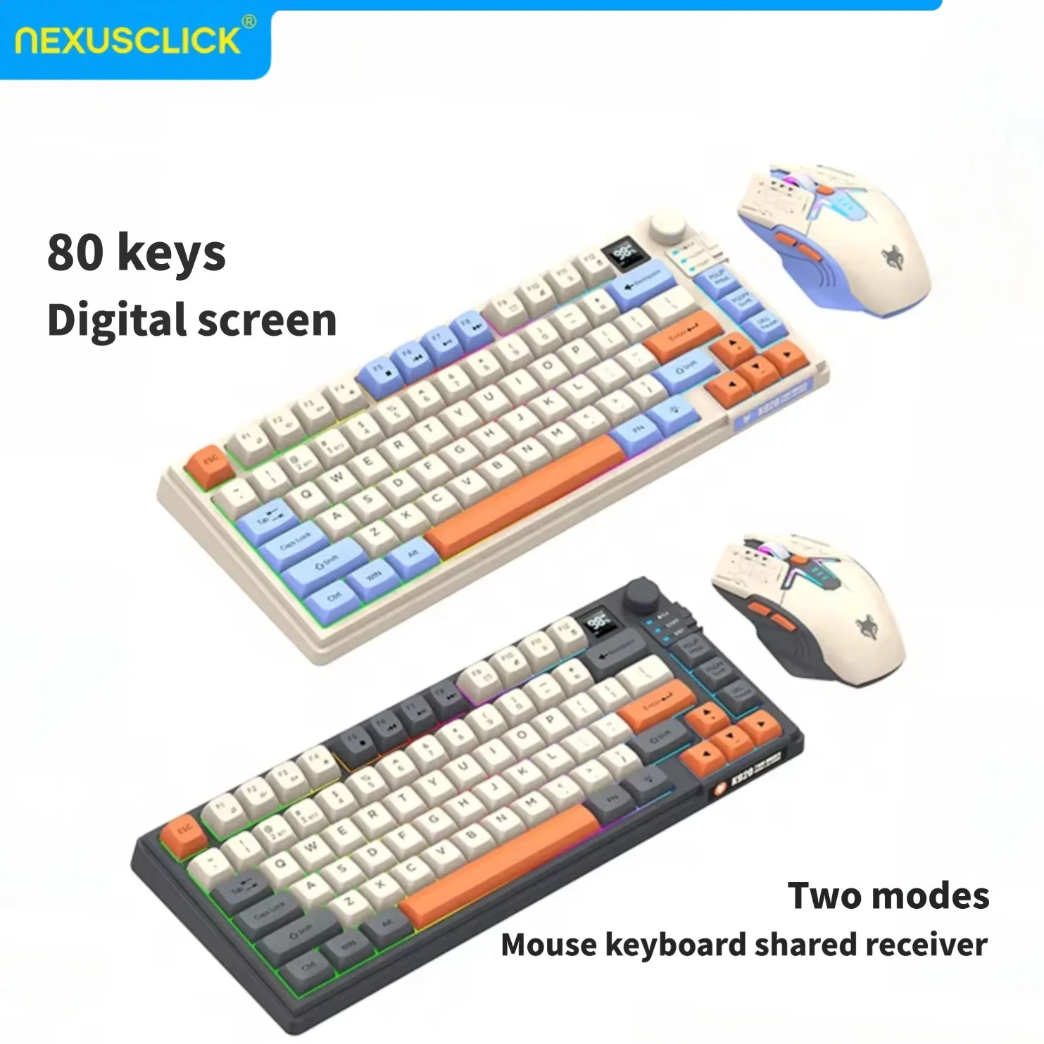 NexusClick Dual Mode Keyboard Mouse Combo with Screen,Mini 80 Keys RGB Backlit,Rechargeable,DPI Adjustable,Long Battery for Game
