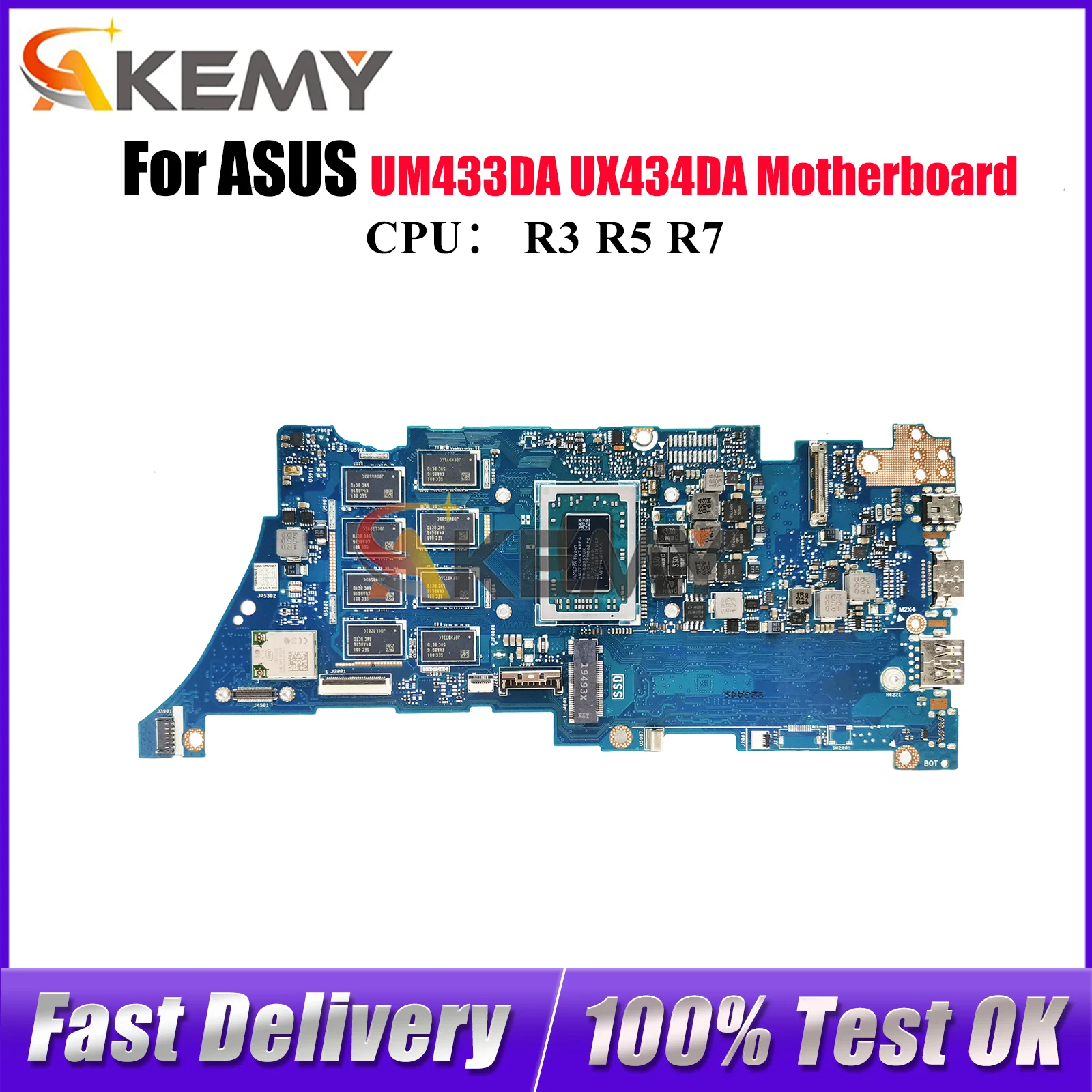 

Материнская плата UX434DA для ноутбука ASUS ZenBook UM433DA UX434DA UX434D, материнская плата для ноутбука с процессором R3 R5 R7, 100% тестирование, ОК, быстрая доставка
