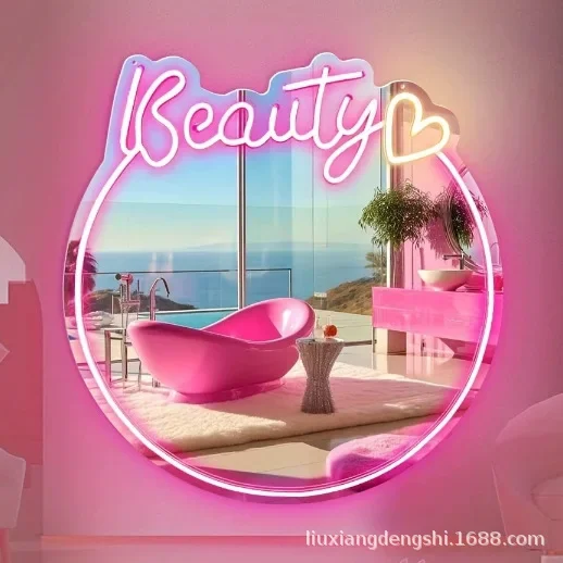 

16 Inch Dimmable LED Neon Vanity Mirror | Hello Cat Design Neon Sign | Wall Art Decor Light for Bar Bedroom