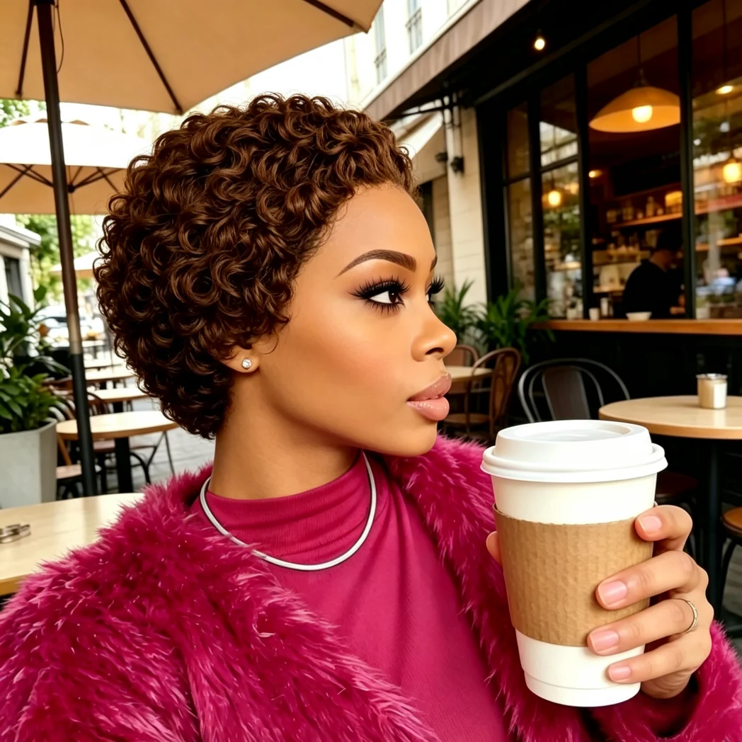 13x4 Short Curly Lace Front Wig, Soft Human Hair Tiny Curls Bob Wig, Brown Pixie Cut Lace Wig For Women Daily Street Look