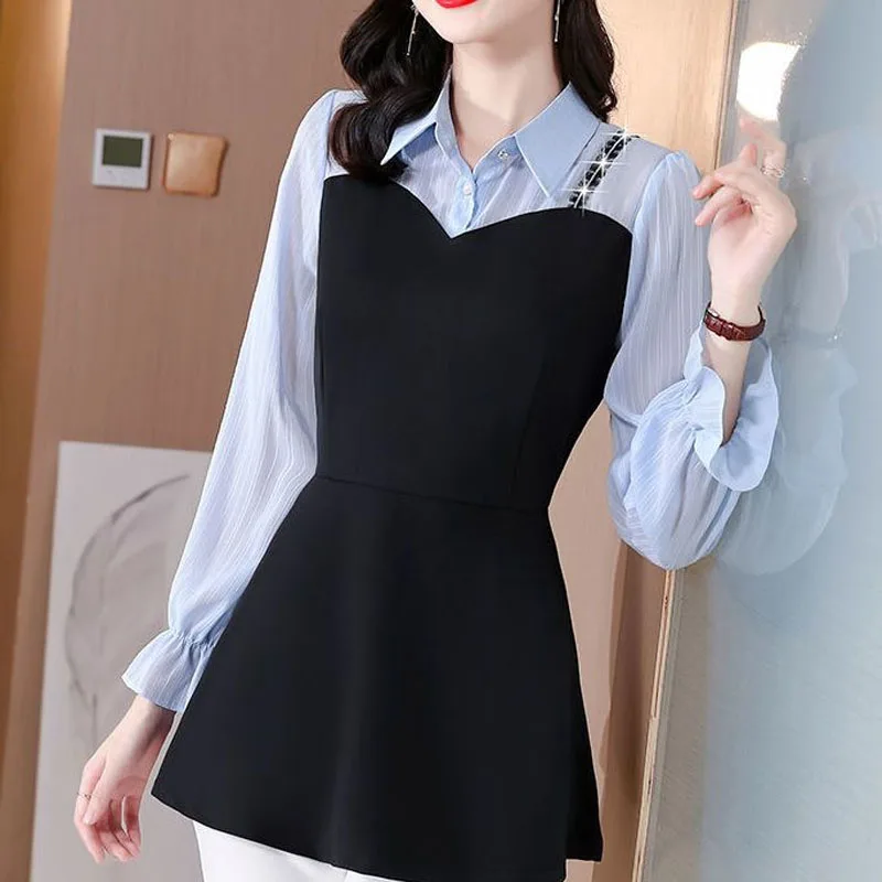 Women\'s Elegant Fake Two Pieces Flare Sleeve Shirt Spring Casual Fashion Commute Polo-Neck Lace Spliced Blouses Female Clothing