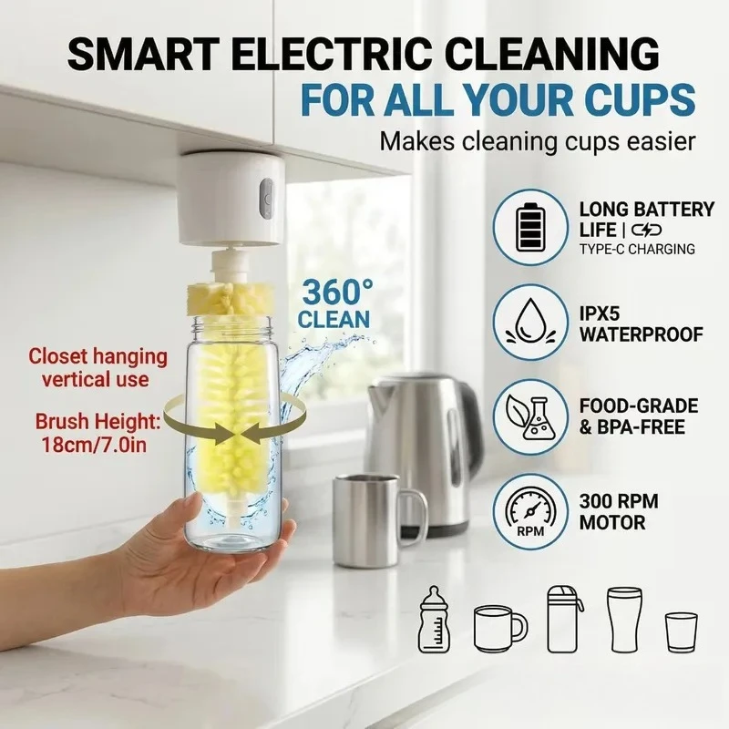 Electric Cup Brush Multi-functional Cleaning Tool for Water Glass Bottle Gap Daily Necessities Household Essentials