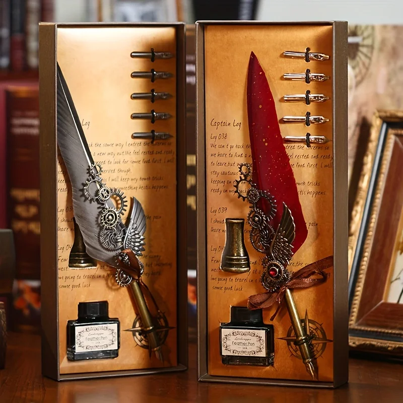 Set of pens, stamps, crayons. Calligraphy pen and ink pen set. Dip pen with mechanical gears and steampunk design.