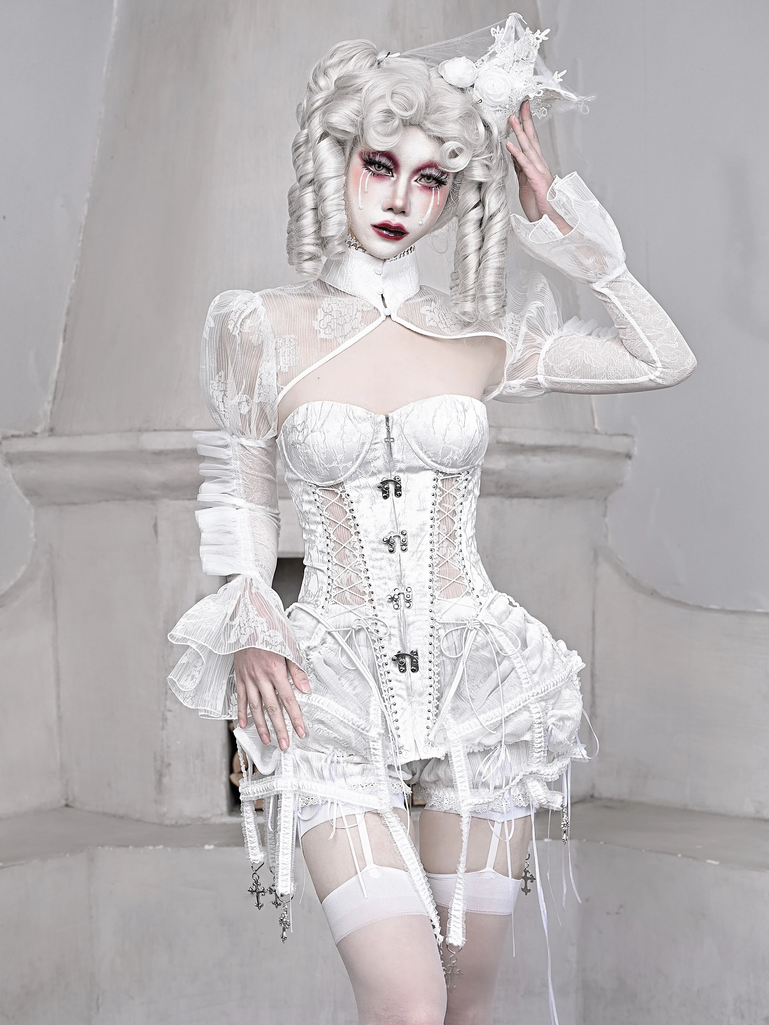 Halloween Gothic Cos Fishbone Top Shorts Mesh Pendulum 3 Piece Sets Girl's Sweet Cool Slim Elegant Heavy Industry Outfits Women