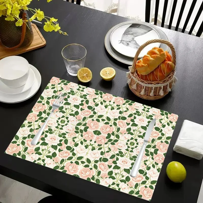 VIKAMA Placemat Pink Roses Green Vines Print, Waterproof Oil-Proof Heat-Resistant Dining Table Mat for Home