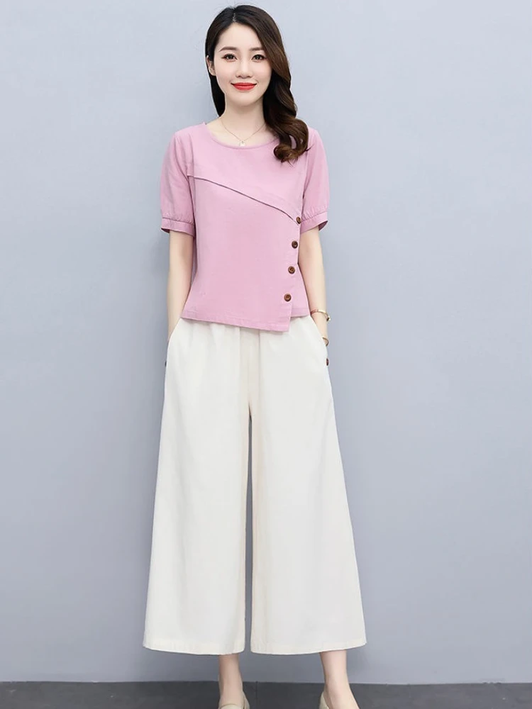 

Baggy Ladies Trouser Clothes Clothing Sales Casual Elegant Wholesale Bulk Chic Trend 2025 Full Linen Women's Pants Two Piece Set