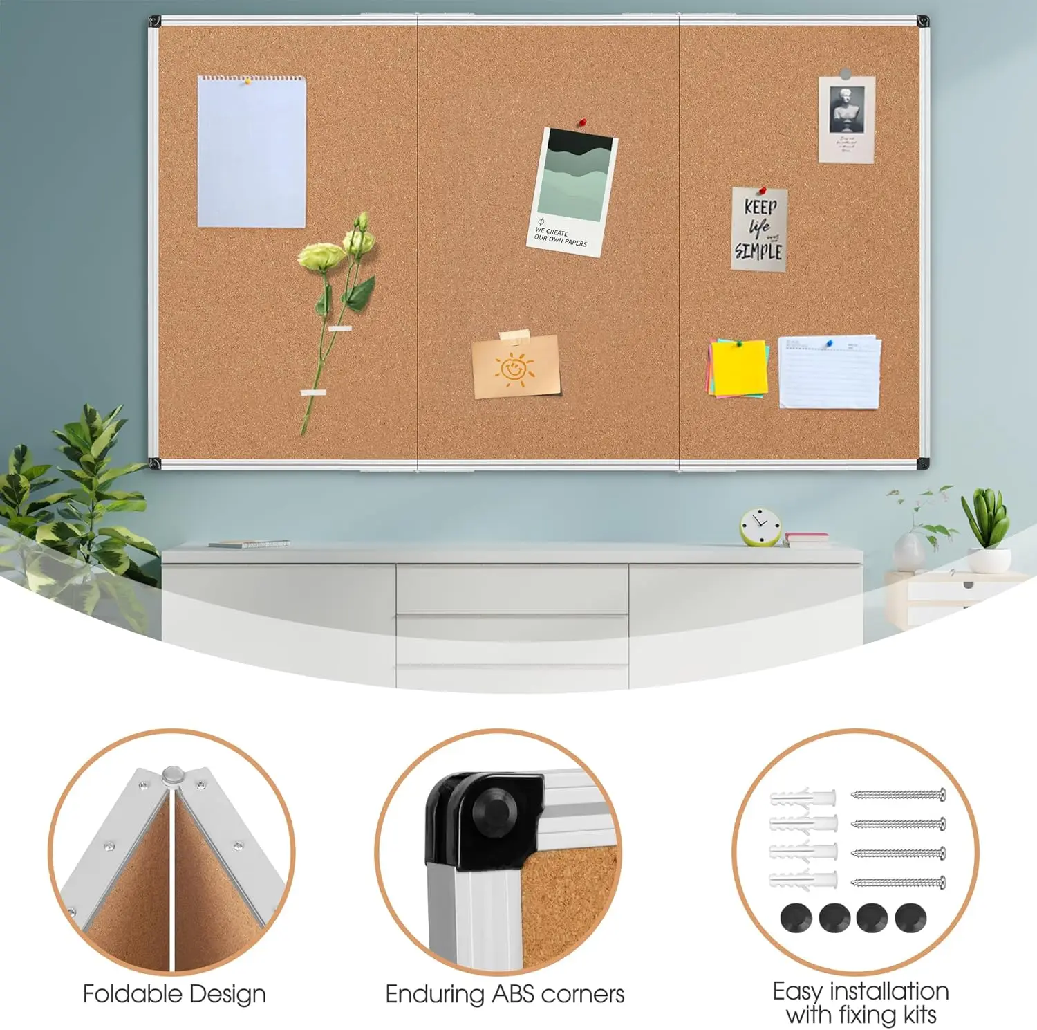 Extra Large Cork Bulletin Board 96" X 48", Foldable Notice Pin Board for Wall, Silver Aluminum Framed 8'x4' Corkboard, Wall Mo