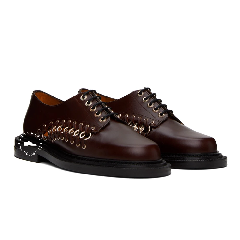 

Metallic Ring Embellished Oxford Shoes Panelled Stitching Designer Casual Shoes Lace Up Punk Luxury Style Men Shoes Black Brown