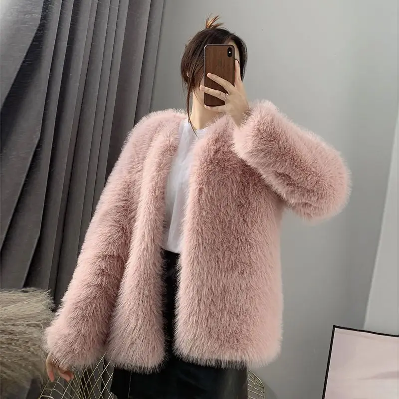 2023 Autumn Winter New Women Mid-Length Faux Fur Coat Loose Temperament Imitation Fox Fur Warm Outwear Fashion Casual Outcoat