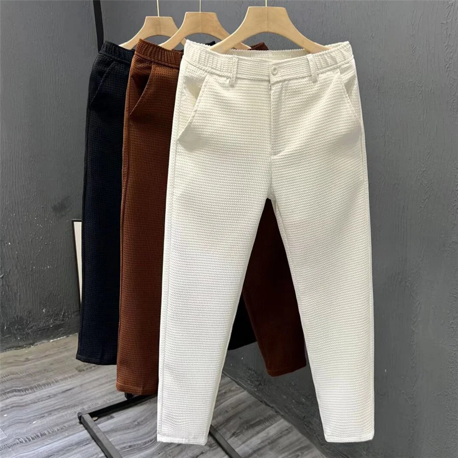 2027 New High-grade Men's Solid Suit Pants Spring Korean Style Pocket Waffle Pencil Pants Male Business Casual Trousers