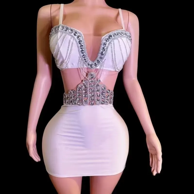 

Bar Nightclub Sexy Mini Dress Women Hollow Waist Backless Rhinestone Chain Short Dress Party Birthday Club Concert Stage Costume