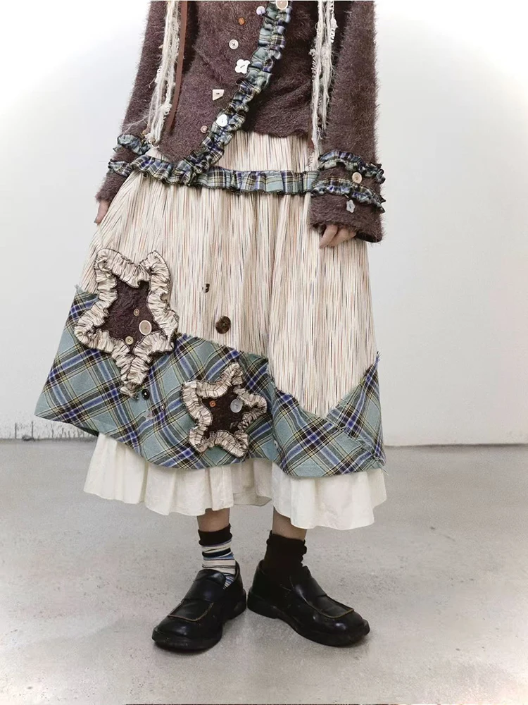 Plaid Patchwork Folds Skirts for Women Y2K Autumn High Waist Splicing Loose Midi Skirts Korean Sweet Preppy A Line Skirts Mujer