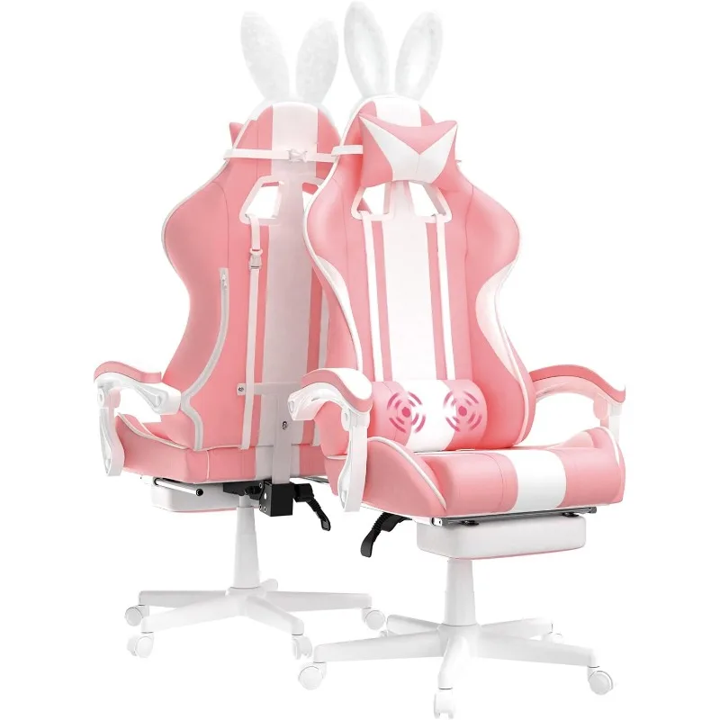 Silla de juego rosa Kawaii con Orejas de conejo, silla de juego de ordenador de oficina de cuero reclinable de carreras de 250 libras