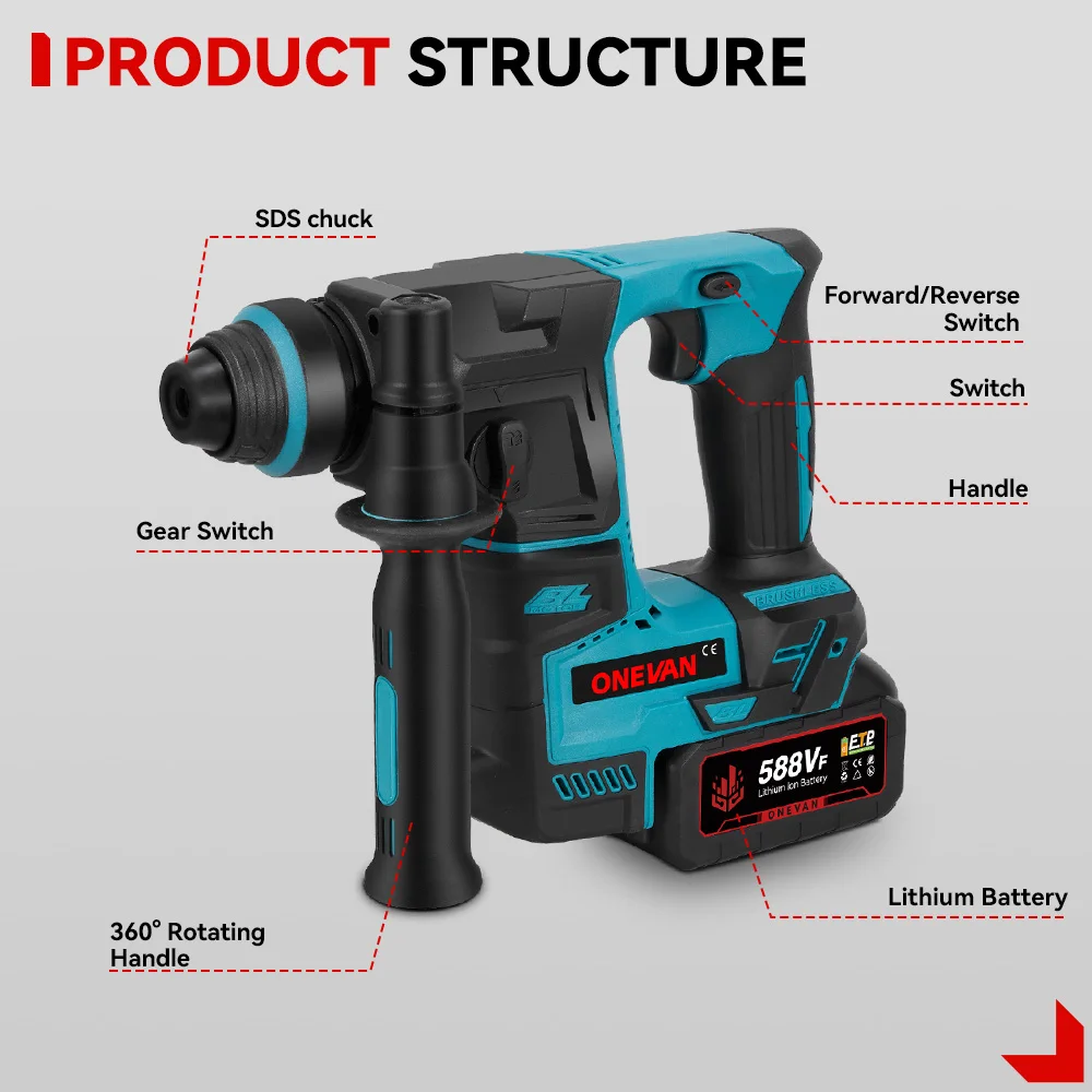 ONEVAN 2500 واط مطرقة كهربائية بدون فرشاة لاسلكية محمولة تأثير الحفر أداة كهربائية متعددة الوظائف لبطارية ماكيتا 18 فولت