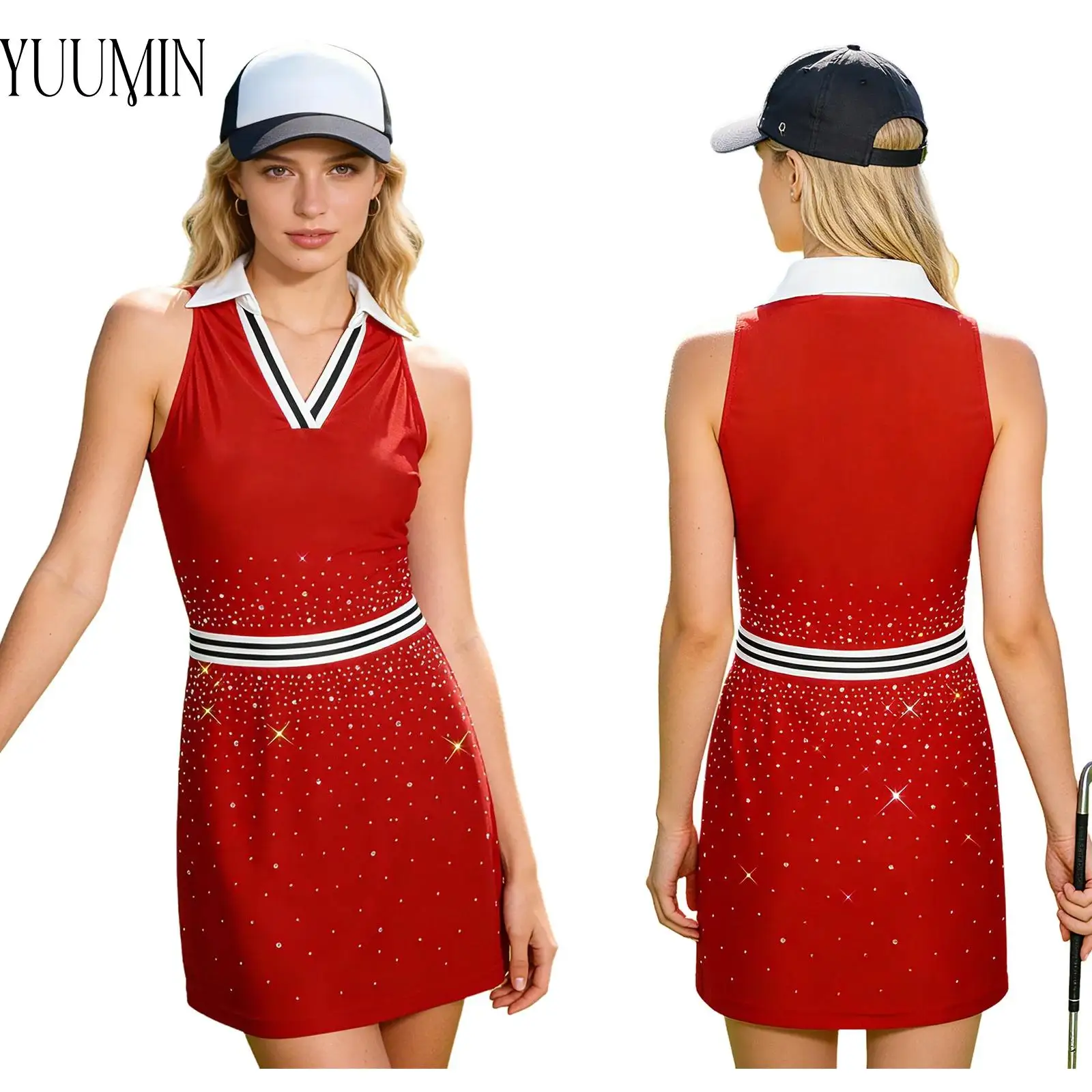 

Womens Shiny Rhinestones Tennis Golf Dress Breathable Elastic Striped Waist Sleeveless Sports Workout Athletic Dress Sportswear