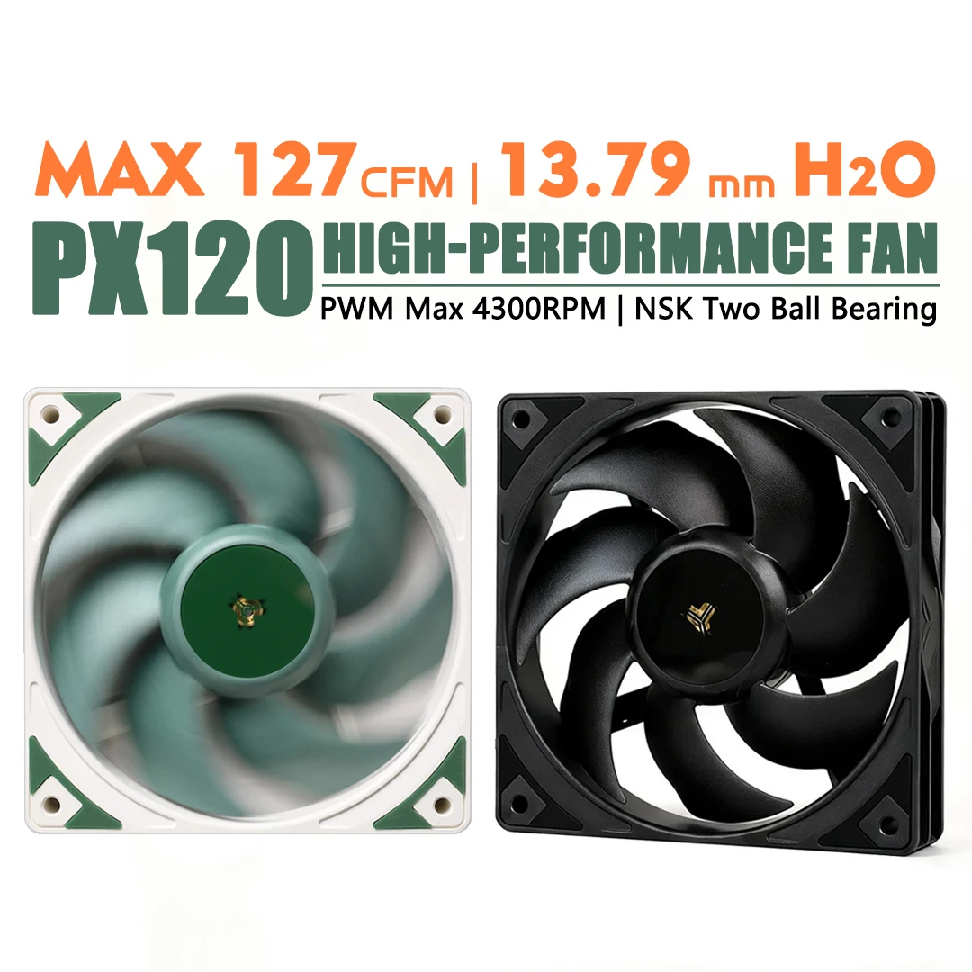 

JUMPEAK PX120 4300RPM High Speed 120mm Fan NSK Two Ball Bearing 4PIN PWM 12cm Cooling Fans for Gaming PC Case CPU Liquid Cooler