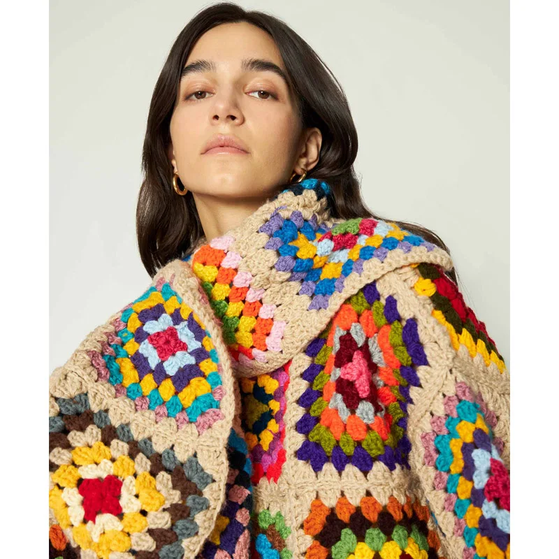 Colorful Crochet Sweaters Granny Square Turtleneck Cute Cardigan Boho Afghan Stitching Coat Color Patchwork Clothing For Lady