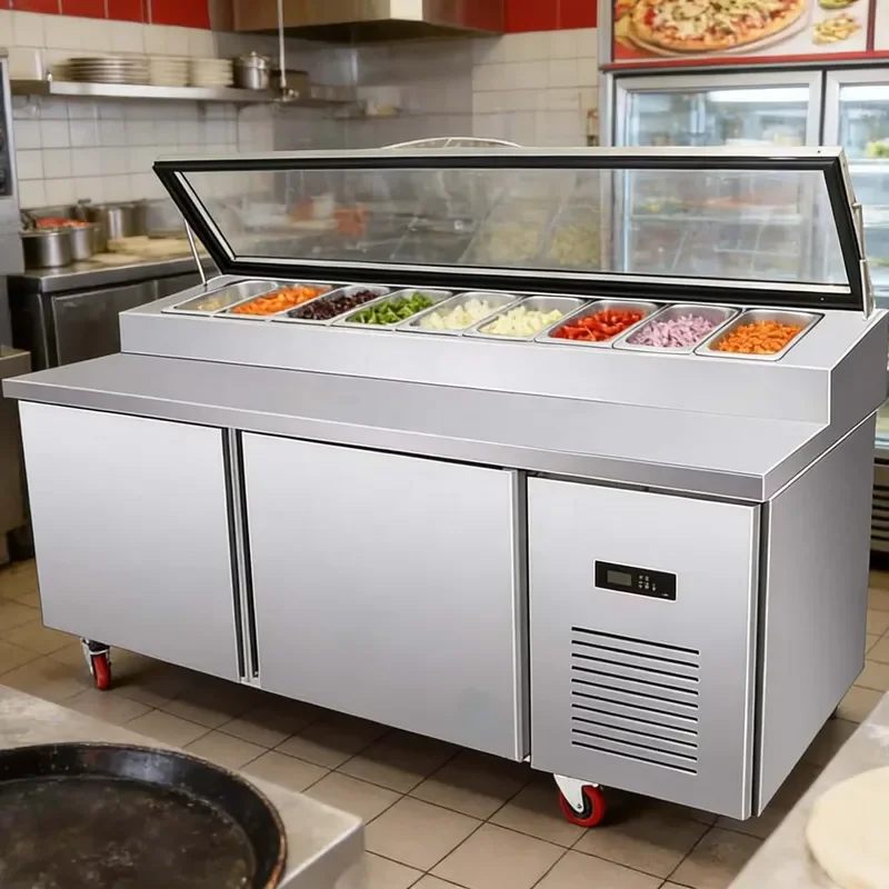 Commercial Pizza Prep Table Stainless Steel Refrigerated Salad Station With Glass Cover for Restaurant Kitchen Equipment