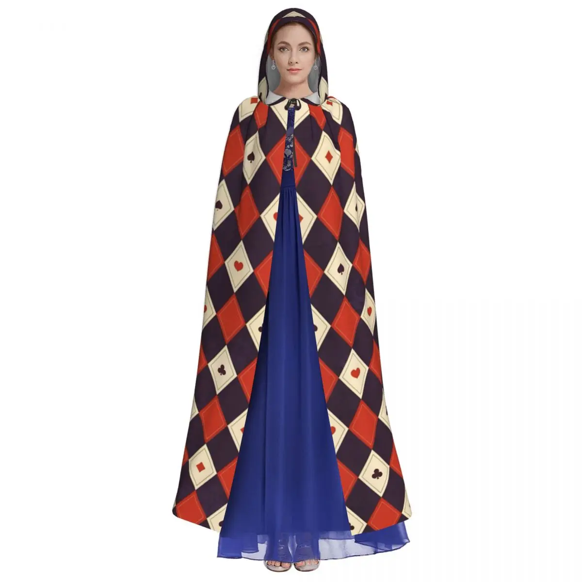 Red Queens Hearts Cloak with Hood Halloween Poker Grim Reaper Robe Costume for Party