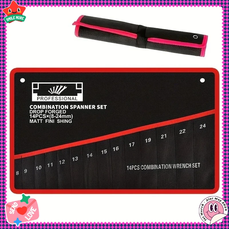 

14-Piece Double-Head Wrench Tool Storage Bag - Durable Material for Garages Basements Tool Stores Industrial Use