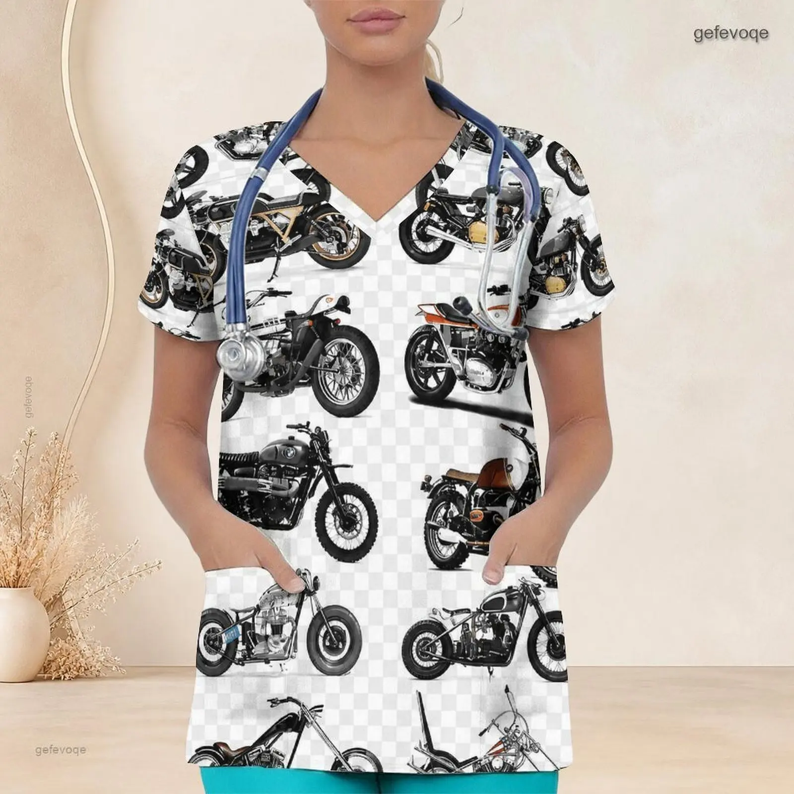 Women V Neck Short Sleeve Printed Vintage Motorcycle Scrub Top with Front Pockets