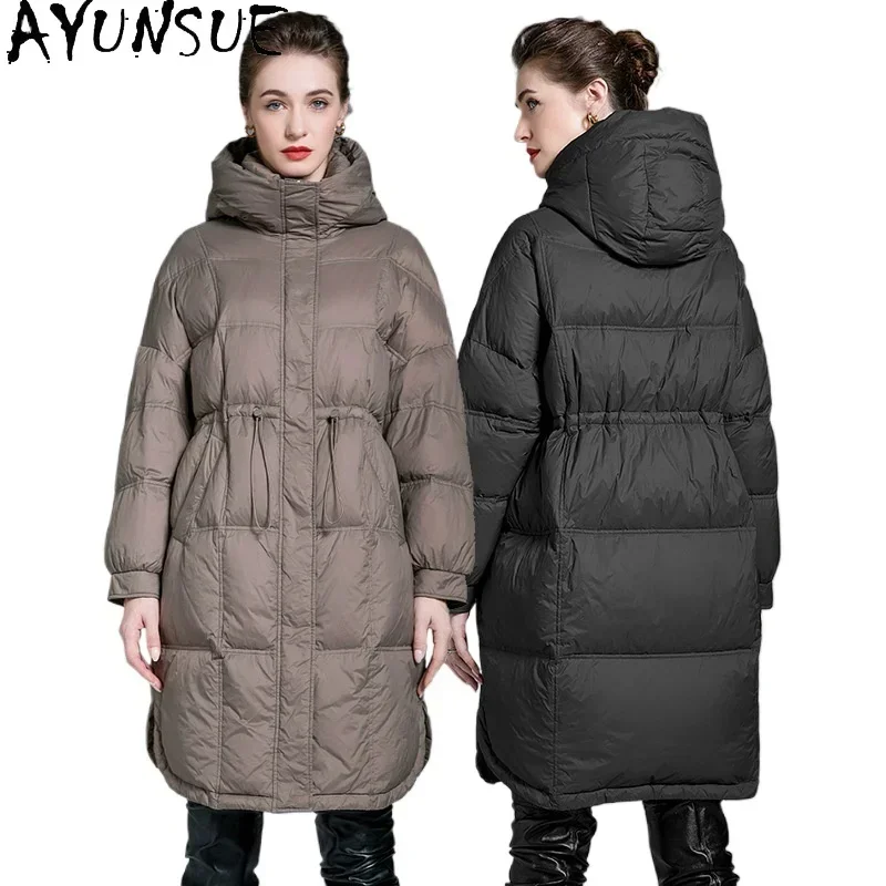 AYUNSUE White Duck Down Puffer Jacket Women Clothing Winter Long Coat Plus Size Down Coats with Hood Woman 2024 Пуховик Женский