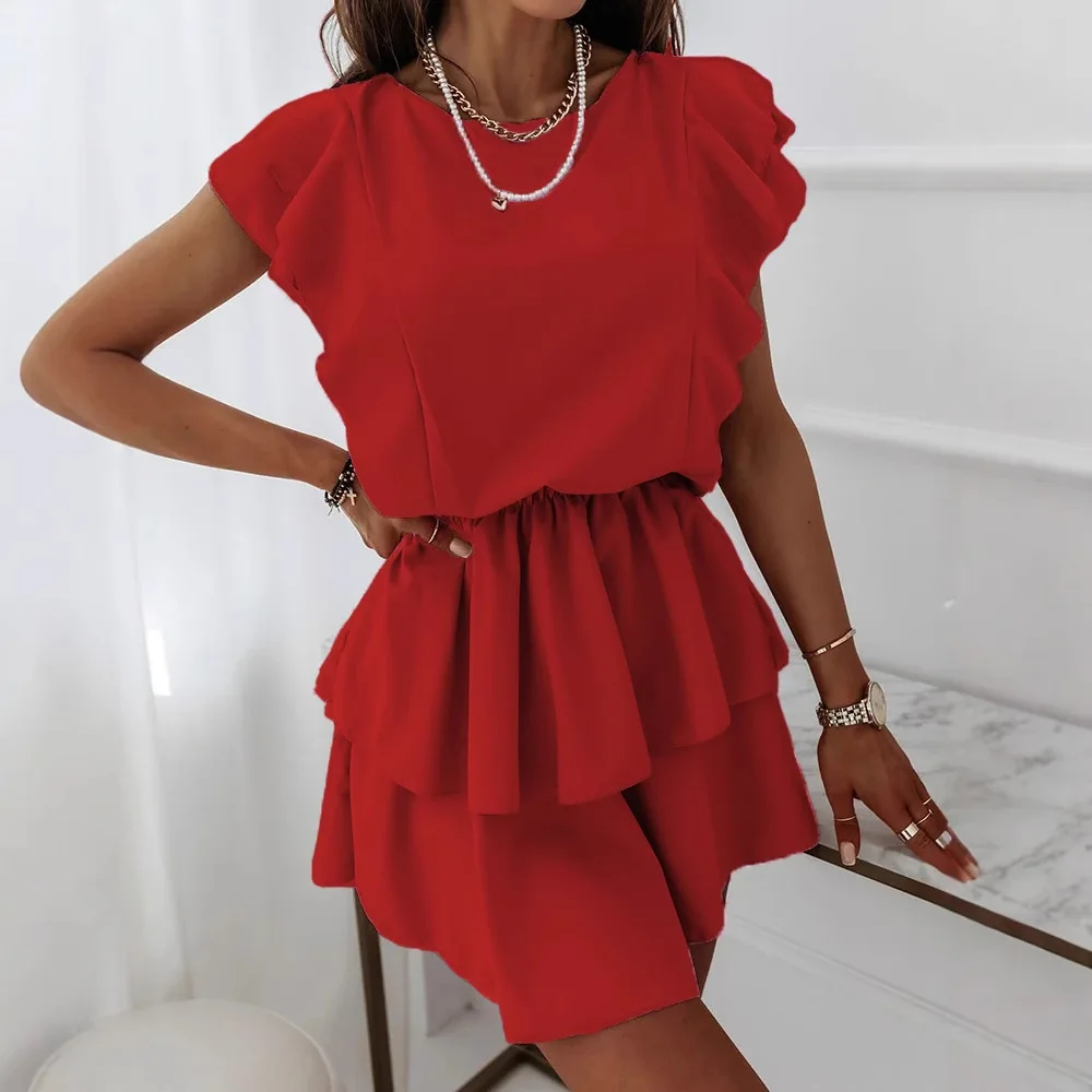 Vestido elegante solto de manga curta com babados e camada dupla com temperamento de cor sólida e cintura cinching vestido de manga curta