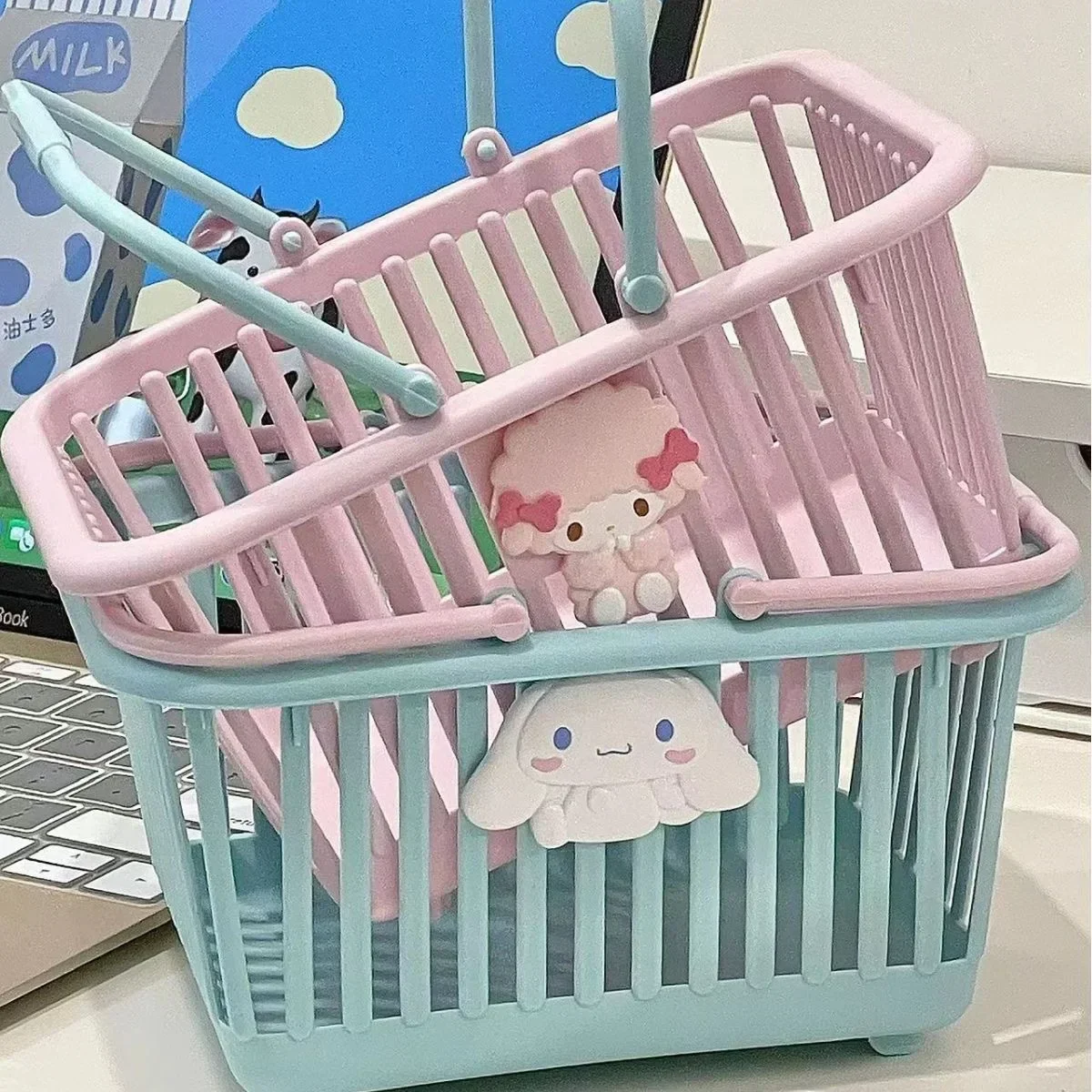 4PCS Cute Macaron Color Portable Storage Basket Pink Girly Heart Desktop Storage Basket with Accessories