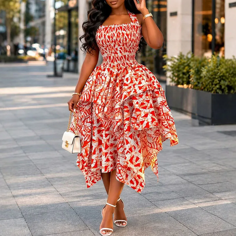 Summer Sleeveless Hollow Dress Casual Pattern Print Ruffle Irregular Long Dress Women's Sexy Halter Backless Slim Bohemian Dress