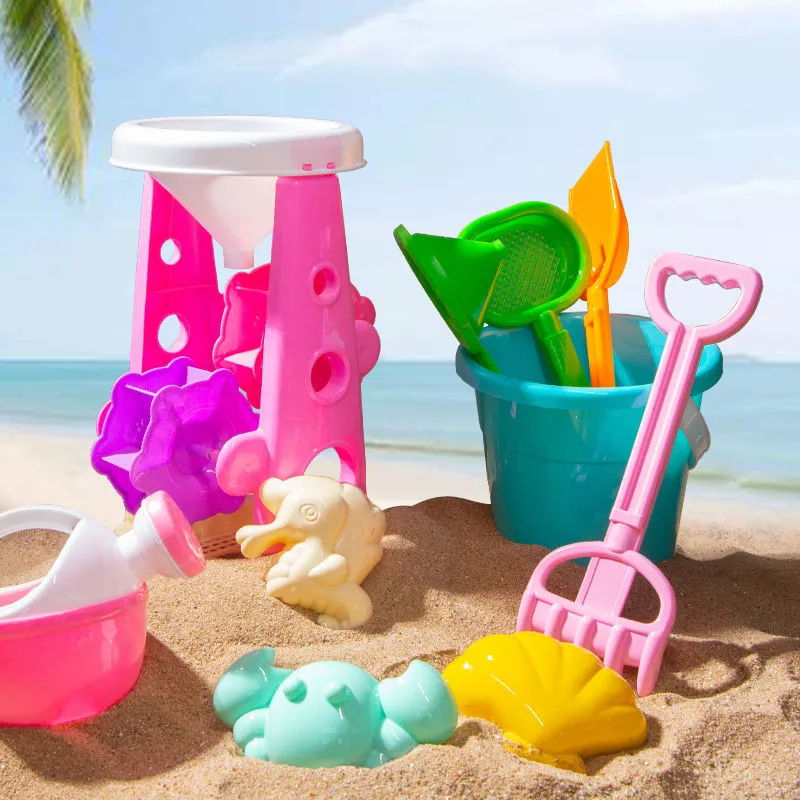 Brinquedos de areia de praia Jogos verão castelo plástico Carro com balde de água Pá com balde areia para o exterior Acessórios de brincadeira para meninas e meninos brinquedo de praia para bebês bolsa de rede