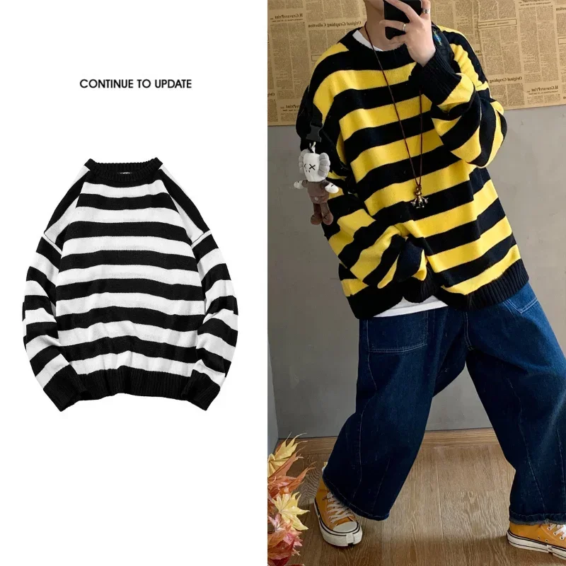 Classic Vintage Striped Sweater Men's Casual Japanese Trendy Red White Pullover Loose Round Neck Couple's Jumper Street Kintwear