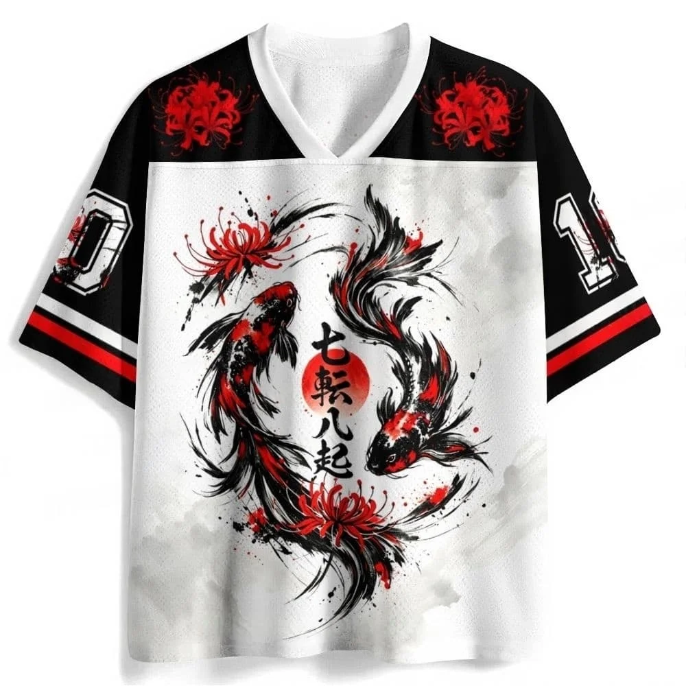 Japanese Koi and Red Spider Lily Printed Mesh Shirt Suitable for Adults and Children Breathable Street Wear T-shirt