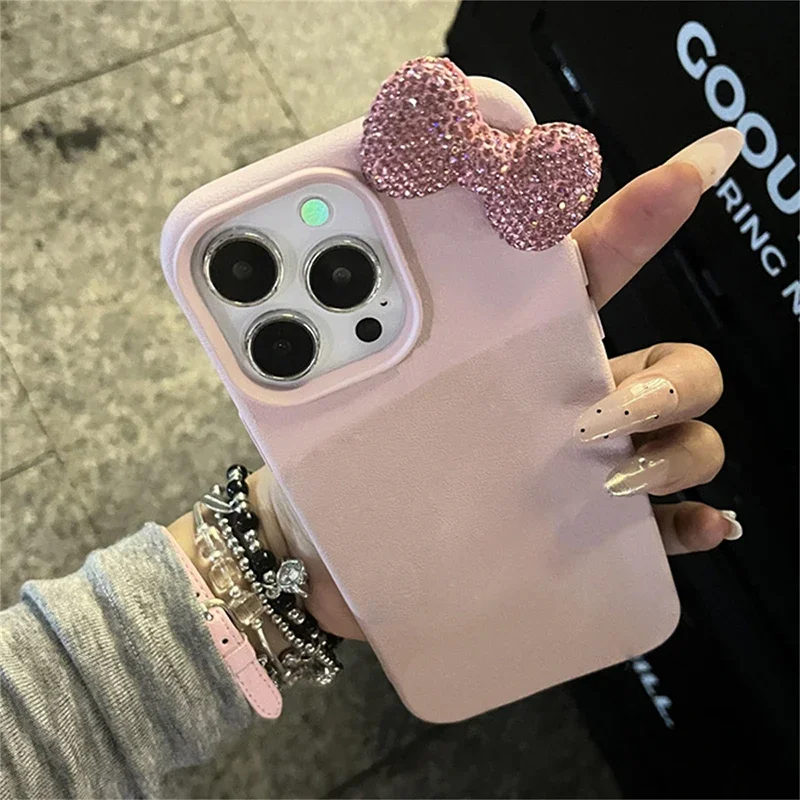 Luxus Strass Schleife Litschi Muster Leder Handyhülle für iPhone 11 12 13 14 15 16 Pro Max X XS XR stoßfeste weiche Hülle