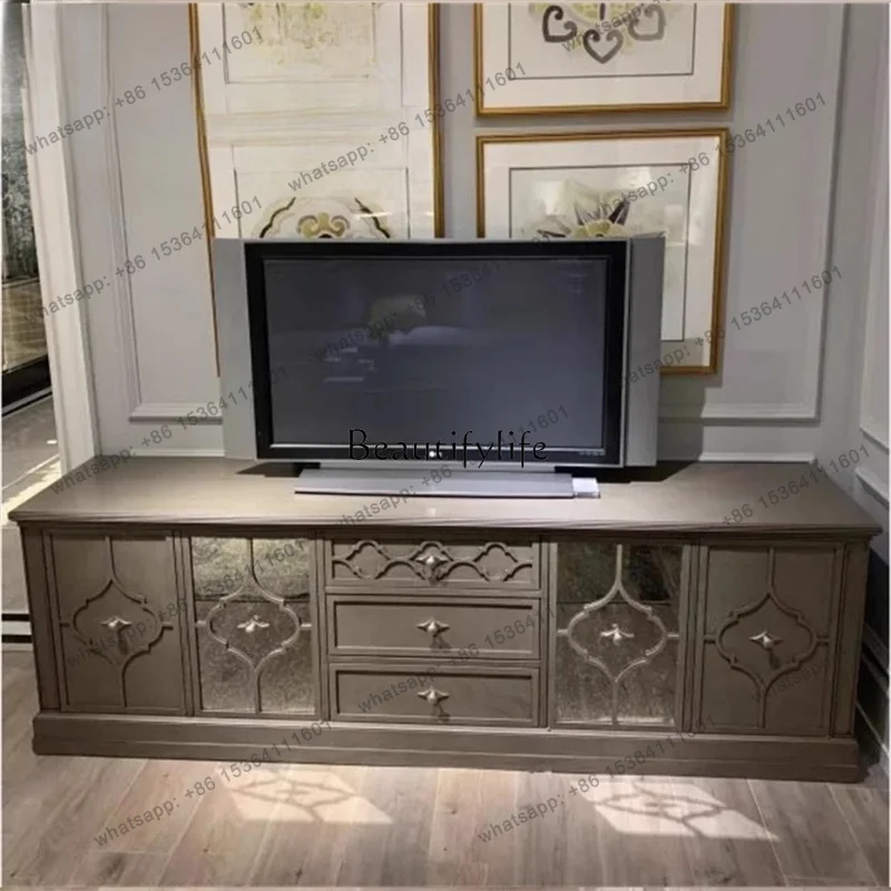 Factory Direct  American old solid wood carving flower metal foot champagne gold TV cabinet