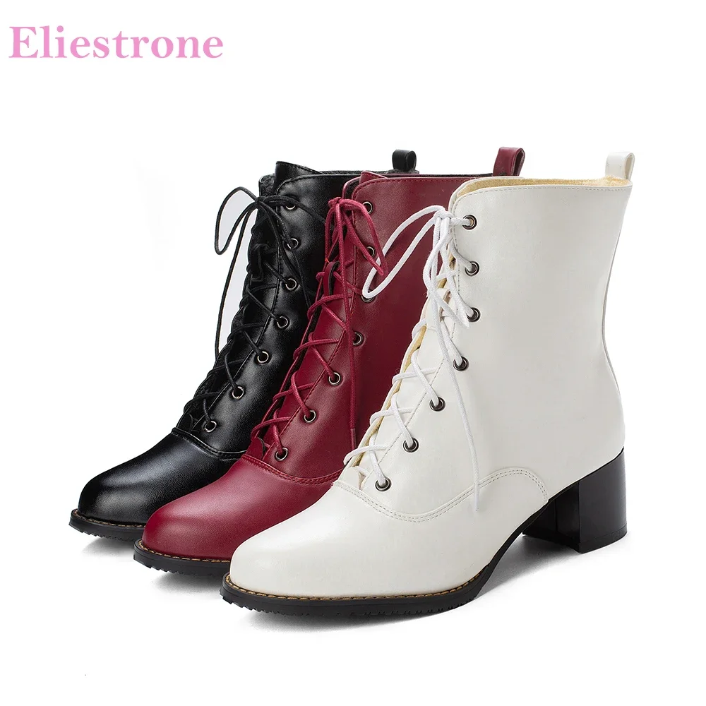 Brand New Comfortable Red White Women Ankle Boots Fashion Med Square Heels Lady Shoes Plus Small Big Size 13 31 43 47 49 52