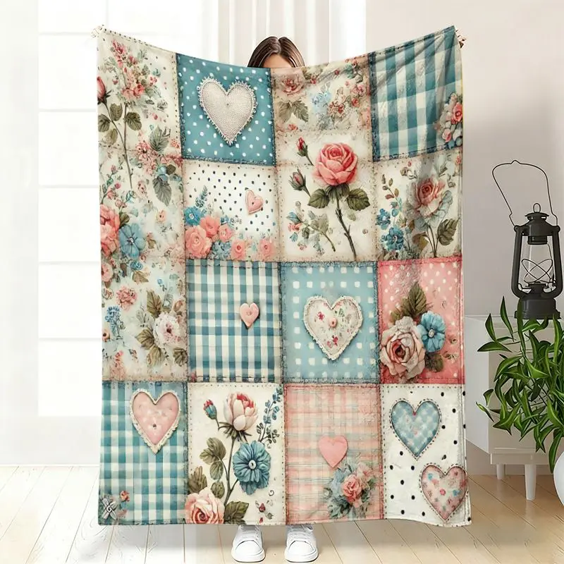 VIKAMA Patchwork Puppy Dog Flannel Throw Blanket Cute Dog Grid Collar Plaid Print Soft Warm Sofa Bedroom Home Decor