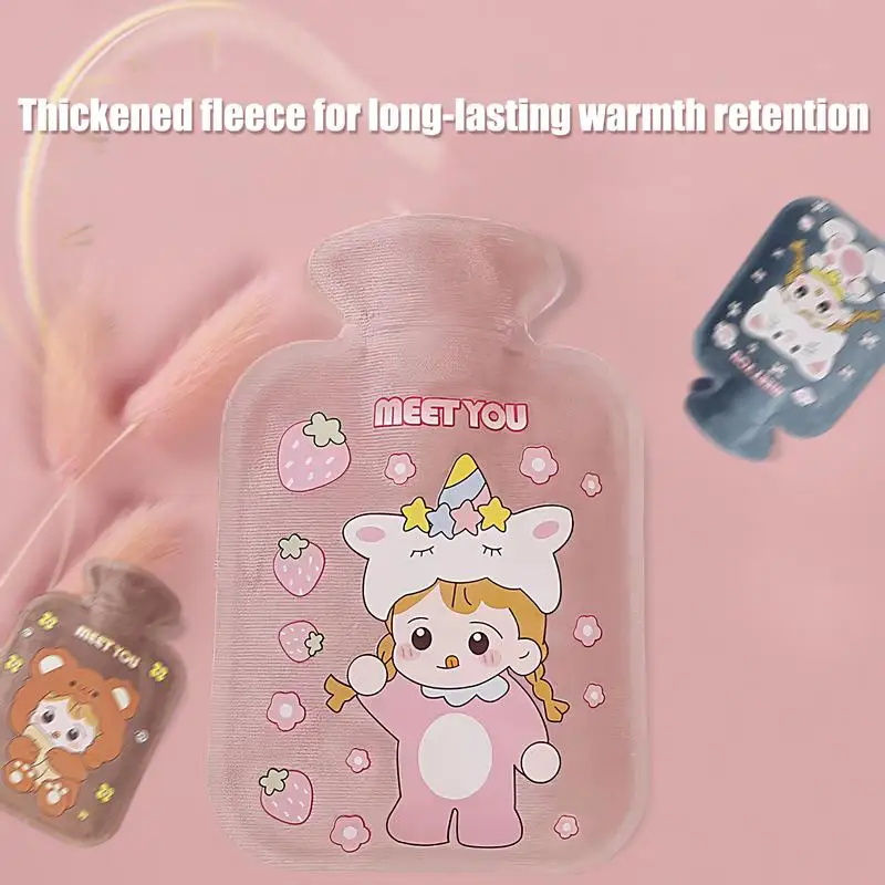 Winter cartoon short plush hot water bottle 500ml large capacity soft heating pad portable durable insulation hot water bottle