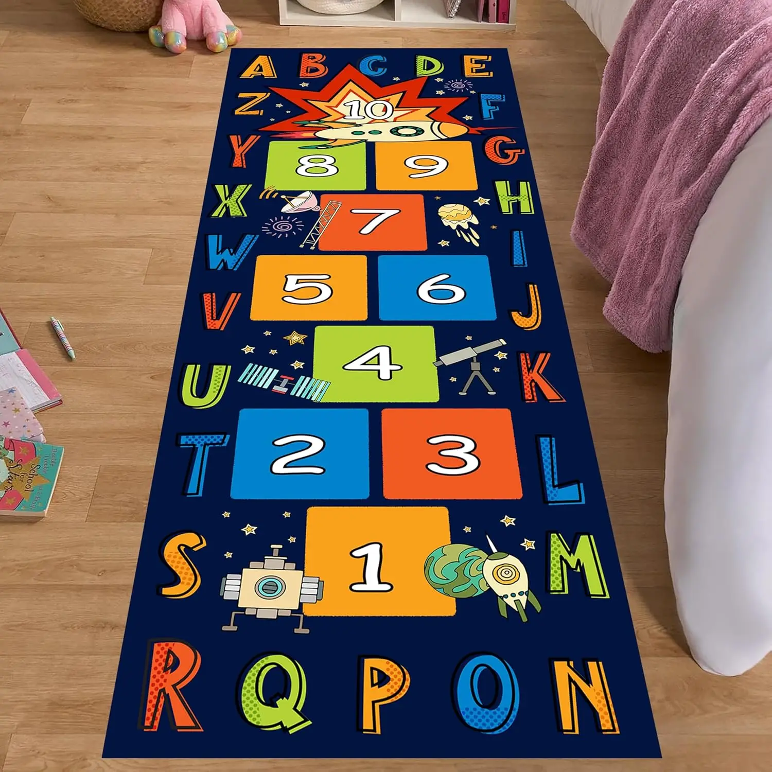 Space ABC Hopscotch Runner Rug, Rocket Planet Number Kids Pattern, Non-Slip Washable Mat for Living Room Sofa Dining Room Indoor