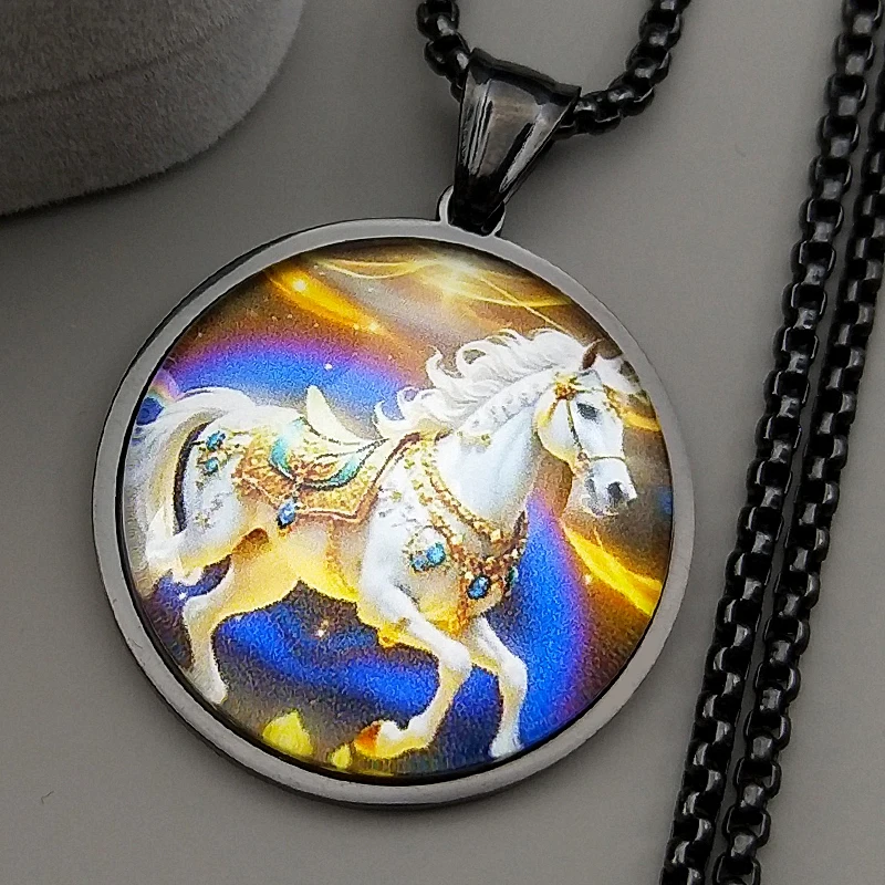 موضة الأبيض الحصان قلادة قلادة للنساء الرجال الفولاذ المقاوم للصدأ الزجاج الذهب اللون الحيوان المهر الذكور سلسلة مجوهرات هدايا #3
