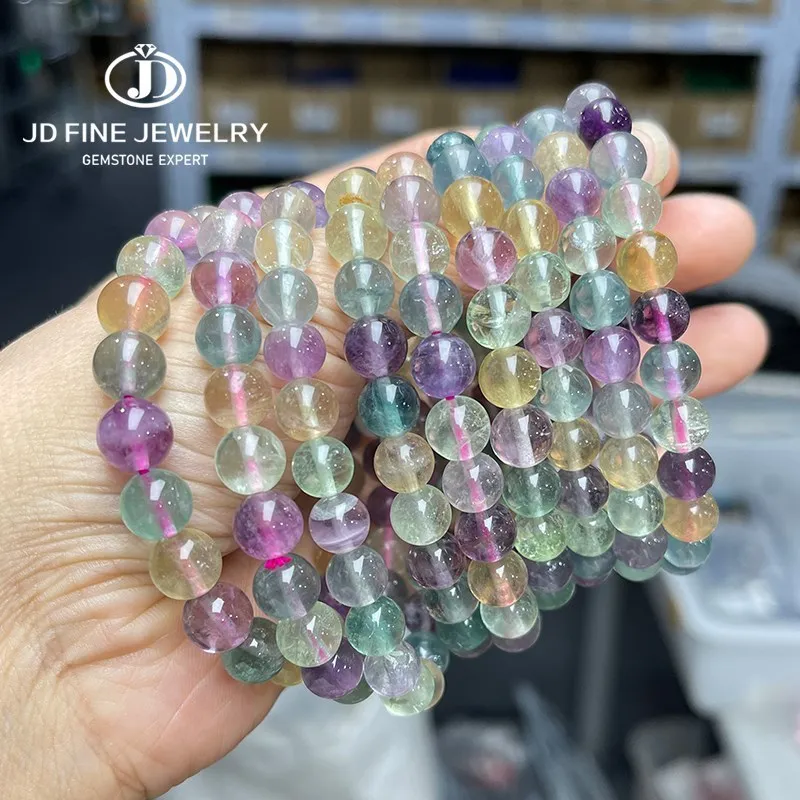 JD Natural Light Color Ice Rainbow Fluorite Round Bead Bracelets Women Beautiful Colorful Crystal Energy Healing Fashion Jewelry