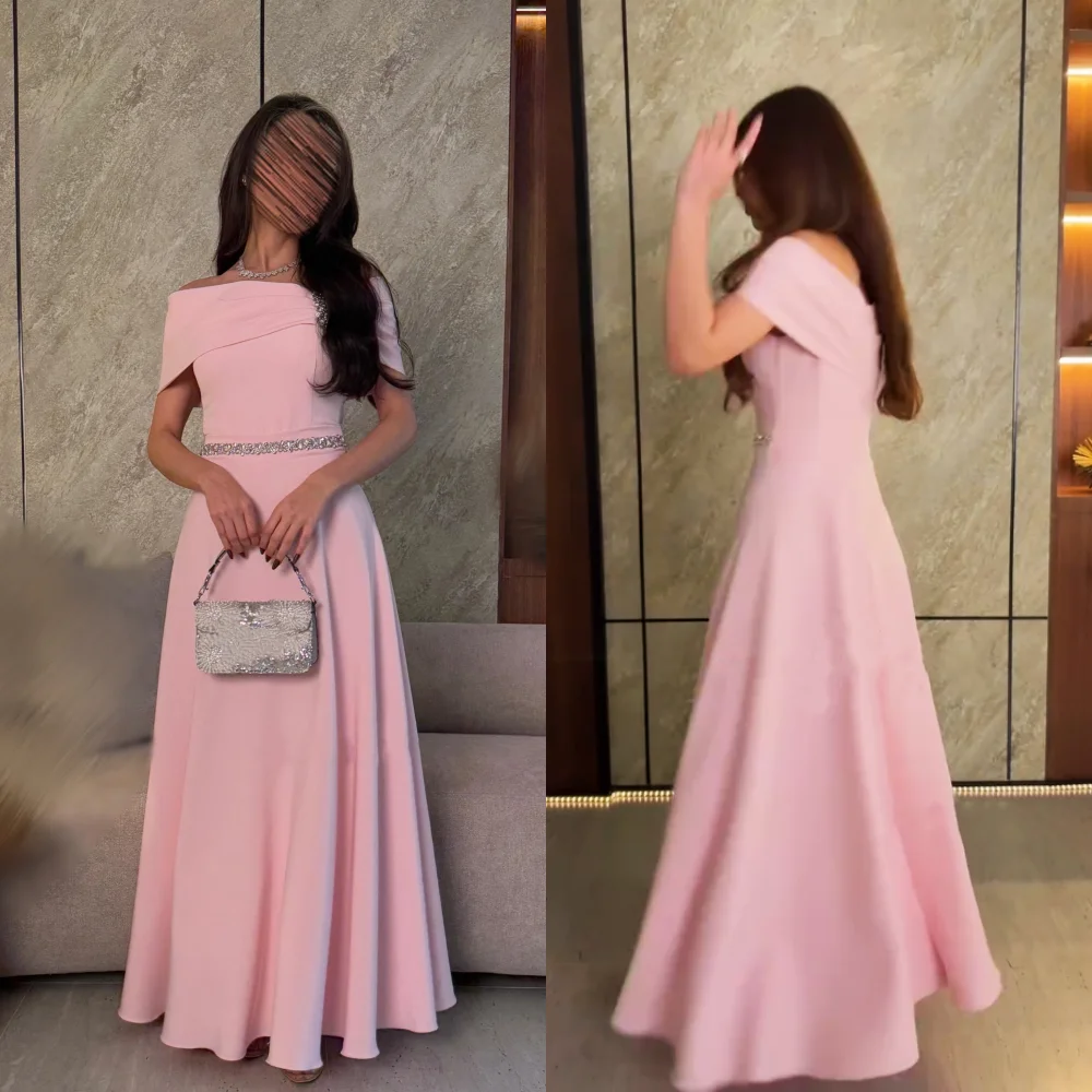 Customized Jersey Rhinestone Off-the-shoulder A-line Pink Long Dresses Bespoke Occasion Party Gown Simple Exquisite High Quality