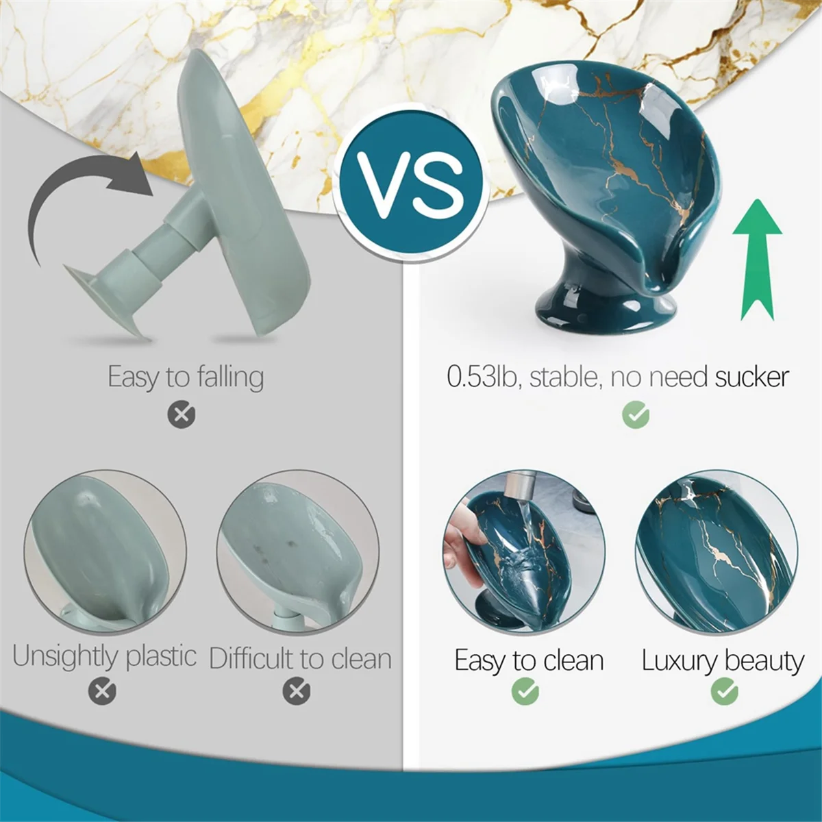 The New Soap Dish, Ceramic Soap Holder Self Draining Marble Look Leaf-Shape Soap Dishes for Bathroom,Green