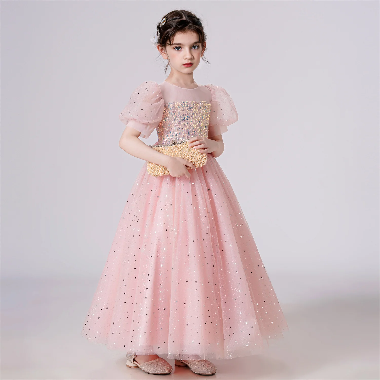 Elegant Party Dress For Girls Puff Sleeve Princess Dress For Wedding Kids Sequin Lace Birthday Communion Formal Evening Gown