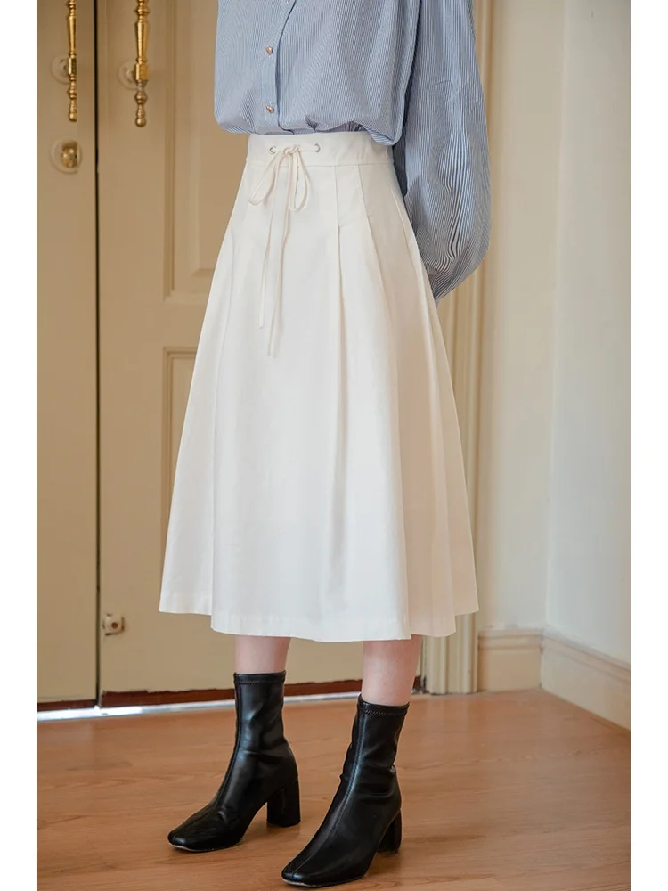 

Ele White A-Line Midi Skirt High Waist Umbrella Skirt Women's Summer Autumn Sle High Quali Polyester Viscose Fabric