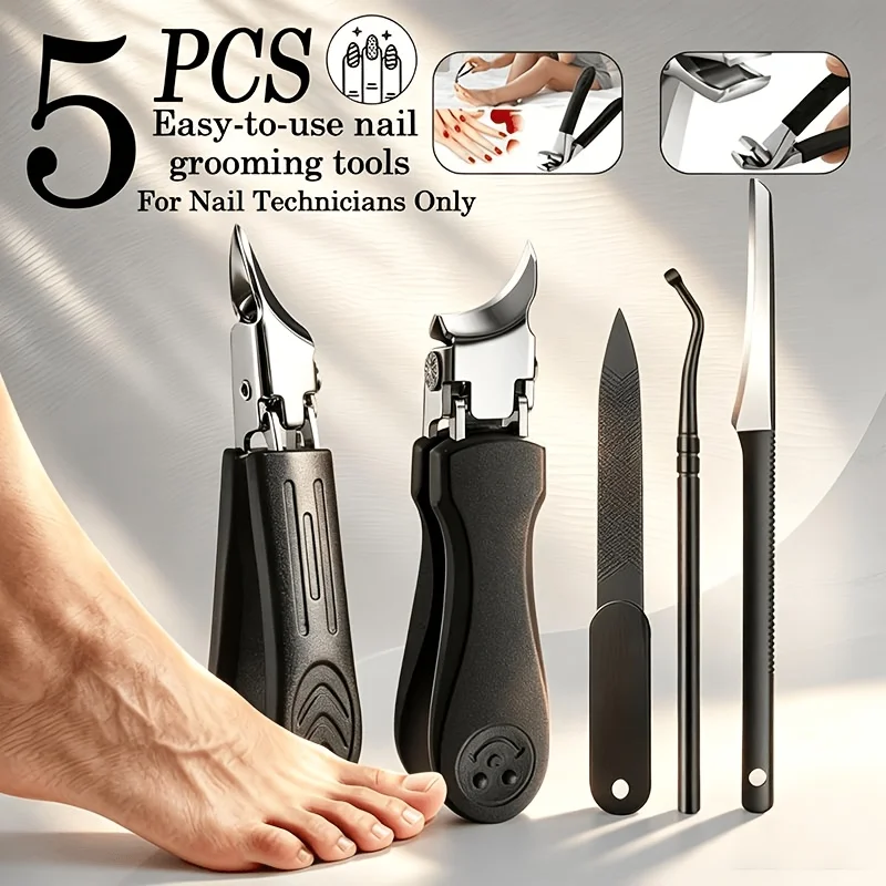 5-teiliges professionelles Maniküre-Pediküre-Set aus Edelstahl mit breiten Zangen, scharfem Nagelhautschieber und Nagelfeile für den Heimgebrauch.