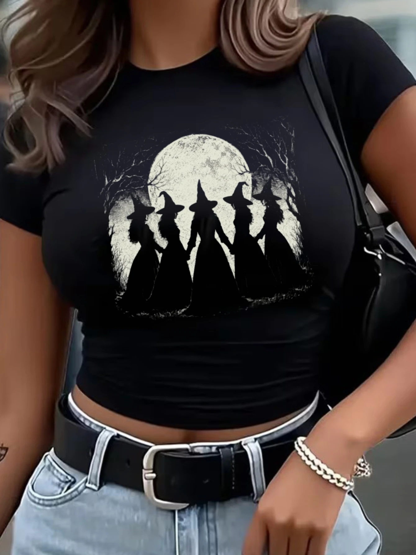 Witch Silhouette Moon Graphic Women's Crop Tops Halloween Party 2000s Y2K 90S Female Sexy Cropped Clothes