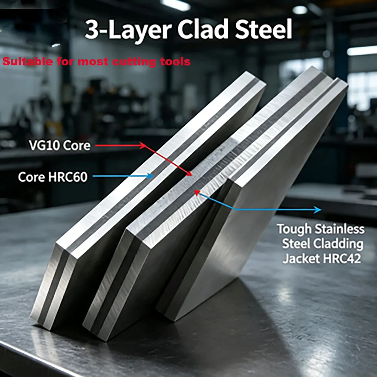 Sanmai 3 Layer Clad Knife Blank Strip, VG10 Core + Aogami Blue Paper Cladding, Quenched Stainless Steel HRC60, 2mm & 2.5mm Thick