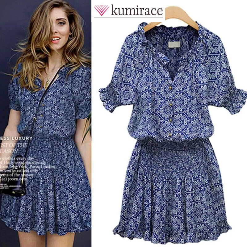 

New Summer Fashion New Trend Short sleeved Printed Leisure Comfortable Versatile V-neck Dress for Women